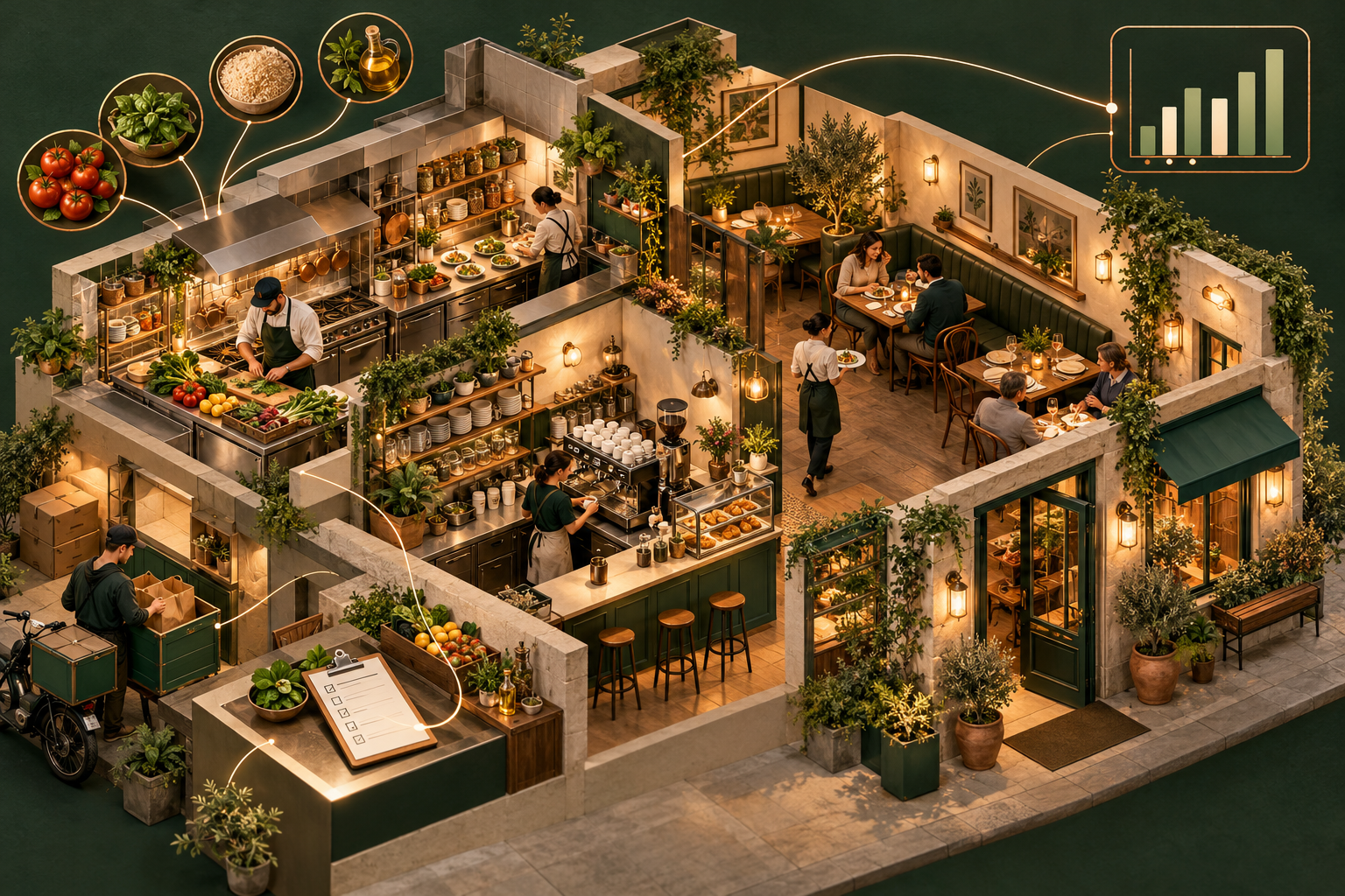 Editorial illustration of an independent restaurant connecting ingredients, preparation, coffee service and business analysis